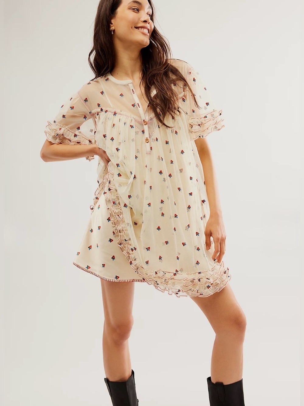Free People NWT Sheer Embroidered Boho Oversized Folklore Frock Minidress XS